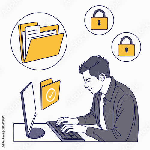 Man working on computer with secure data and files.