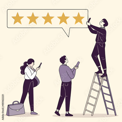 People giving five star rating for customer satisfaction and service review.