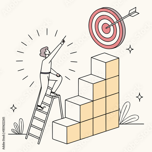 Person climbing ladder towards target symbolizing ambition and success.