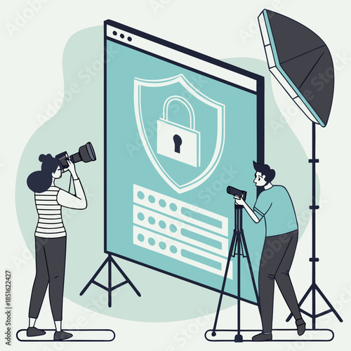 Photographers capturing a secure online login screen with a padlock icon.