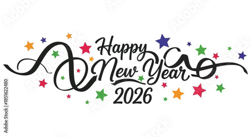 Festive new year wishes with decorative swirls stars and the year 2026 in elegant calligraphy