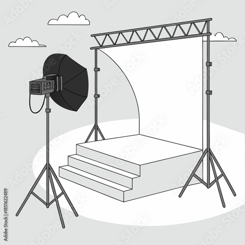 Professional photo studio setup with lighting and backdrop.