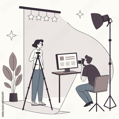 Professional photographer capturing a model in a studio setting with lighting equipment.