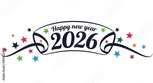 Festive new year 2026 graphic with colorful stars and decorative swirls a celebratory design