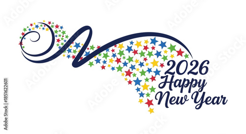 A vibrant design featuring a stylized m colorful stars and the text happy new year 2026
