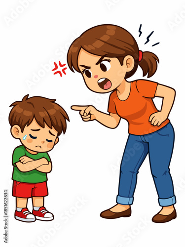 Cartoon illustration of an angry mother scolding her child.