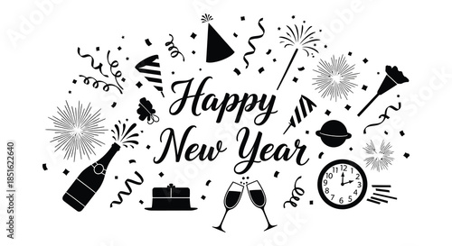 A festive new year celebration with champagne confetti and clock showing almost midnight