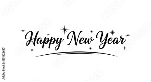 Elegant calligraphy design featuring the phrase happy new year with sparkling star accents