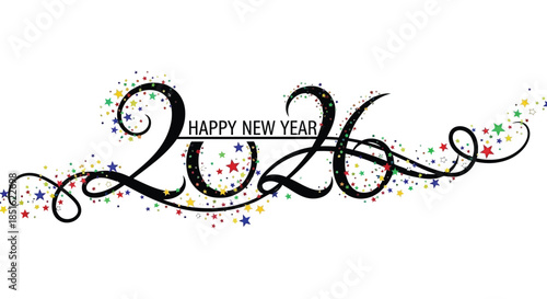 Festive depiction of happy new year 2026 with colorful confetti and elegant calligraphy