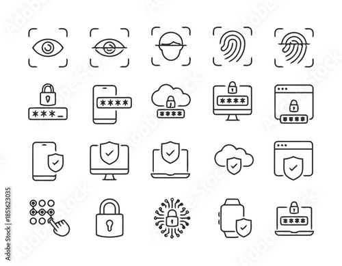 Authentication Biometrics and Cyber Security Line Icons