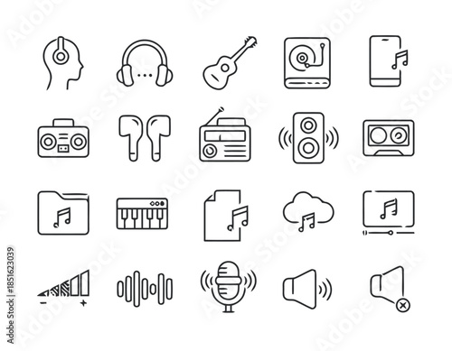 Audio line icons vector set in black and white