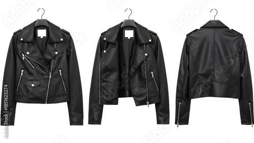Black leather jackets on hangers isolated on transparent background