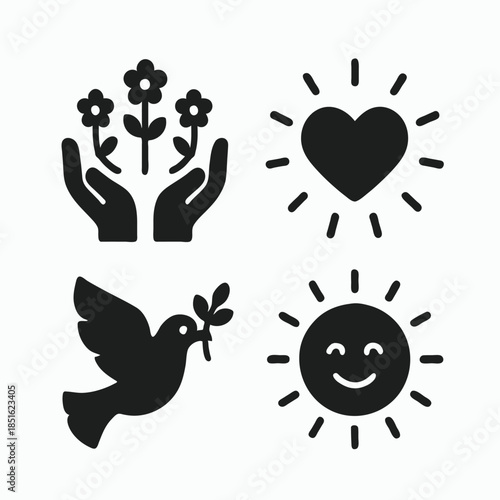 Print   Wellness and Positivity Icons – Care Hands, Love Heart, Peace Dove and Happy Sun, Minimal Vector Set