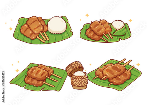 Thai traditional street food grilled pork with sticky rice on banana leaf cartoon vector set