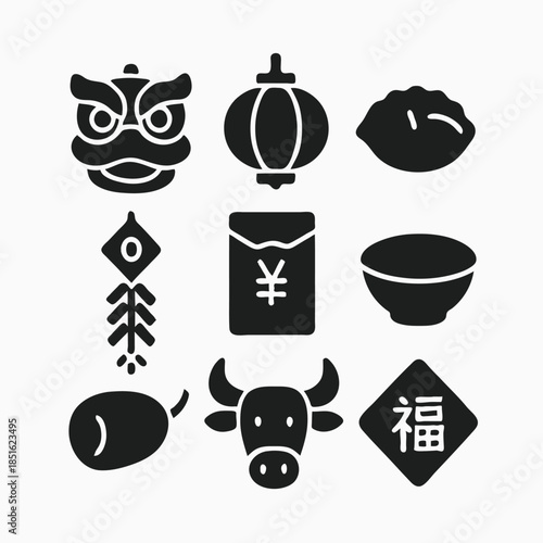 Print   Lunar Festival Icon Set – Traditional Asian Celebration Symbols, Clean Flat Vector on White Background
