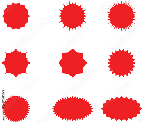 Set of red comic book burst shapes, explosive speech bubbles, and jagged sunburst stickers for marketing and action graphics