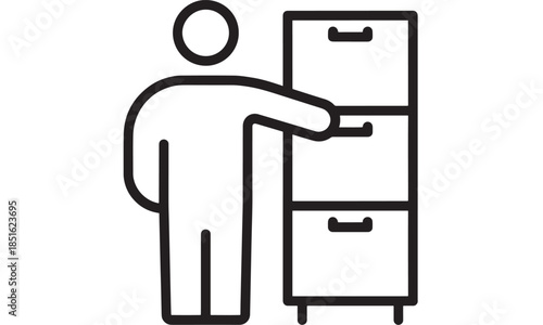 Person interacting with filing cabinet simple line art on transparent background silhouette