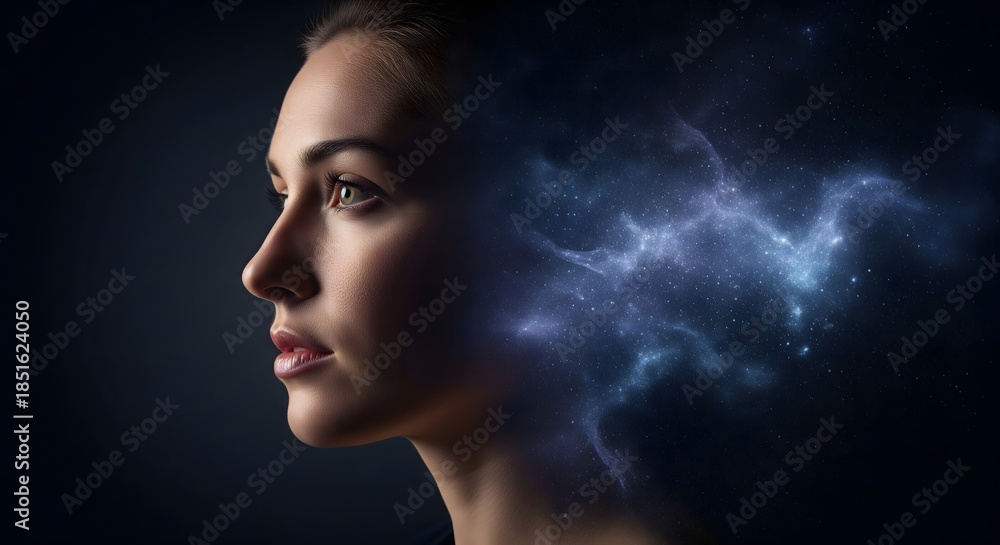 Fototapeta premium Woman's head dissolving into a glowing cosmic nebula, representing universal thought, imagination, spirituality, and infinite consciousness on a dark background.
