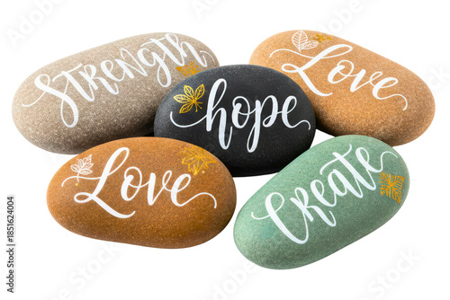 River stones with inspirational words painted in white calligraphy isolated on a transparent background