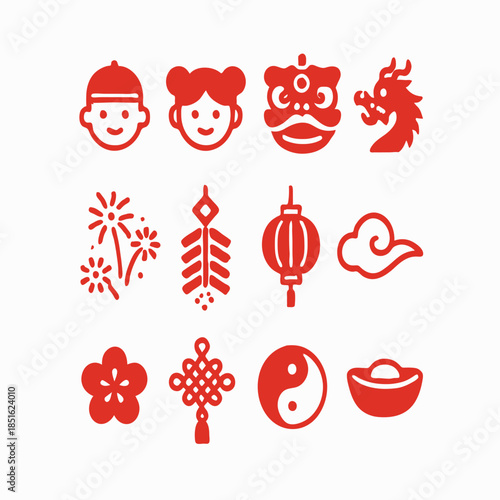 Print  Chinese New Year Icons Set – Traditional Lunar Festival Symbols, Clean Flat Vector on White Background
