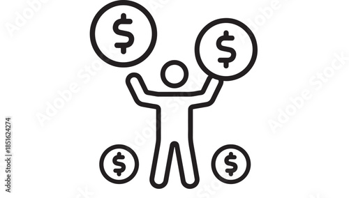 Person juggling dollar signs financial success concept on transparent background silhouette