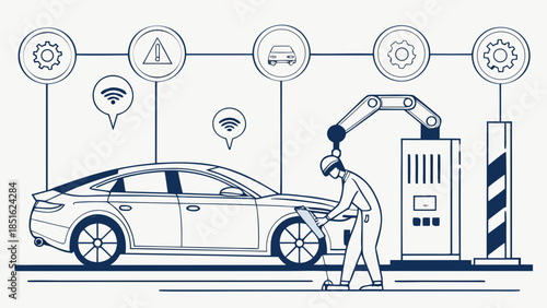 Automated car manufacturing process with robotic arm and human worker.