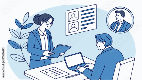 Businesswoman interviewing male candidate for job position.