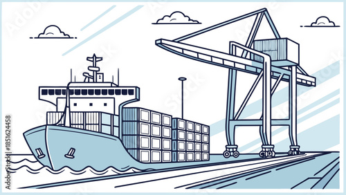 Cargo ship being loaded at port with large crane.