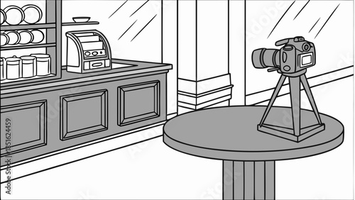 Camera on a tripod set up for a photoshoot in an indoor setting.