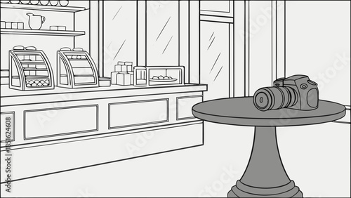 Digital camera on a table in a cafe ready for photography.