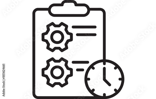 Clipboard with gears clock and lines linear icon on transparent background silhouette