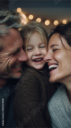 New Year family celebration with parents and child laughing together, intimate moment, vertical composition for social media,ai generated 