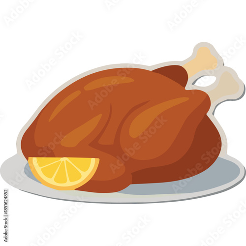 Roasted Chicken with Lemon Slice on Plate - Vector Illustration