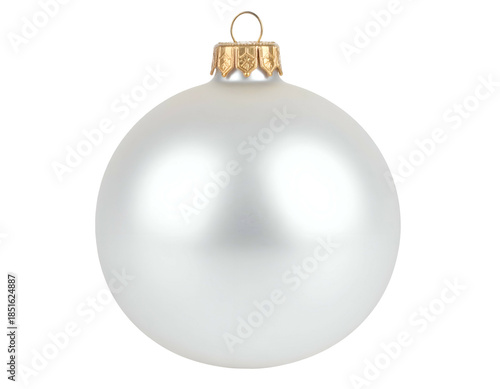 A matte white spherical ornament with a gold cap hangs