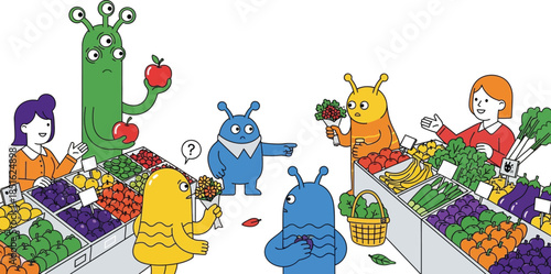 Alien grocery shopping scene