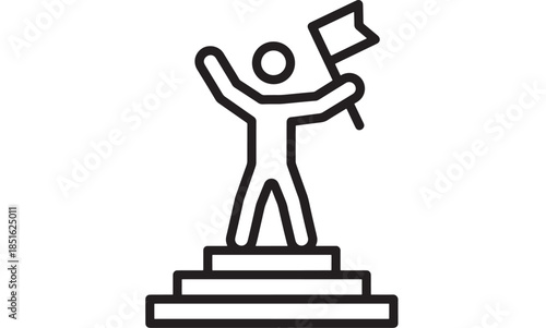 A victorious person raising a flag on a pedestal silhouette on transparent background