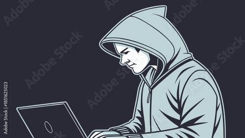 Hacker in a hoodie working on a laptop in a dark room.
