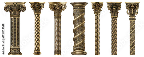 Assortment of six distinct golden architectural columns ranging from thin supports to thick textured pillars, ideal for temple or palace construction kits.