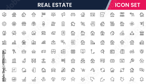 Modern vector web line icons depicting real estate, properties, homes, keys, agents, and investments for housing and property management