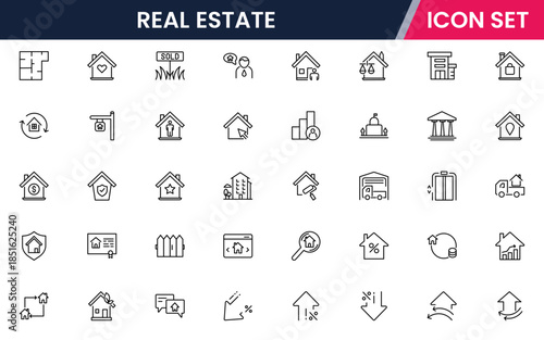 Modern vector web line icons depicting real estate, properties, homes, keys, agents, and investments for housing and property management