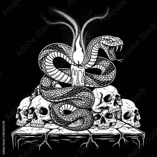 Mysterious Snake Coiled Around Candle on Skulls Altar.