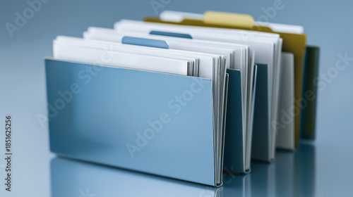 Close-up shot showcases a collection of organized folders, neatly arranged on a clean, professional surface. This visual element evokes a sense of efficiency and systematic organization.