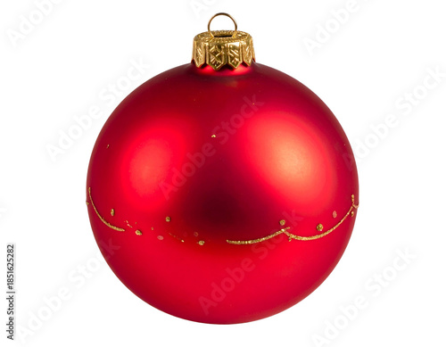 A matte red Christmas ornament with golden decorative accents