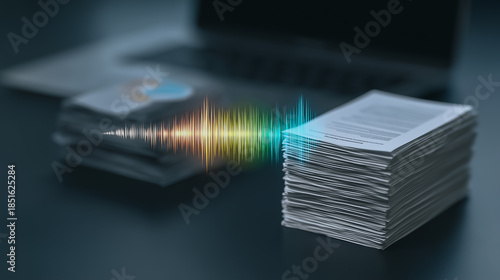 A stack of documents with an audio spectrum. A conceptual photo depicting the digitization of documents with audio visualization.