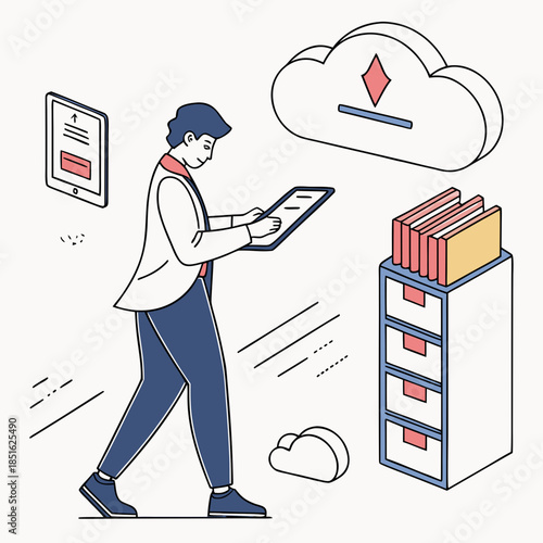 Man managing digital files in a cloud storage system.