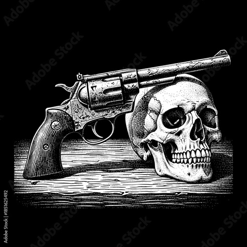 Vintage Revolver Resting on a Human Skull.