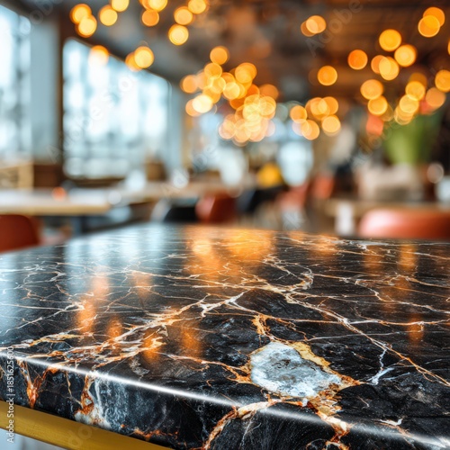 Marble table in a cafe with warm lights in the background during evening hours in a busy urban setting