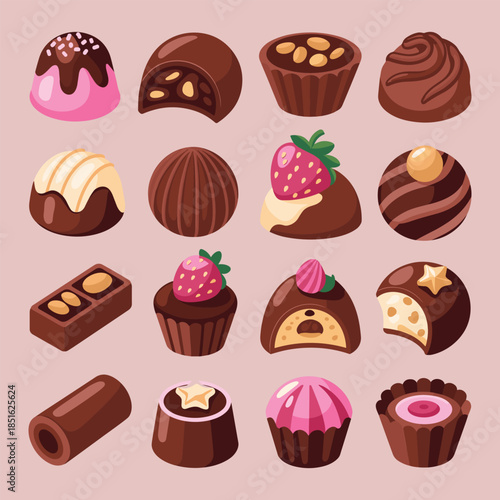 Assorted chocolate candies with various toppings and fillings