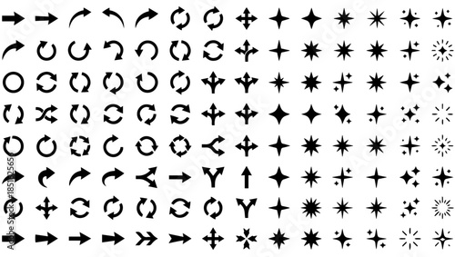 Arrow and Sparkle Vector Icon Set for UIUX and Graphic Design, arrow icons, sparkle icons, black and white symbols, directional arrows, decorative sparkles, graphic design elements, UI UX icon set,