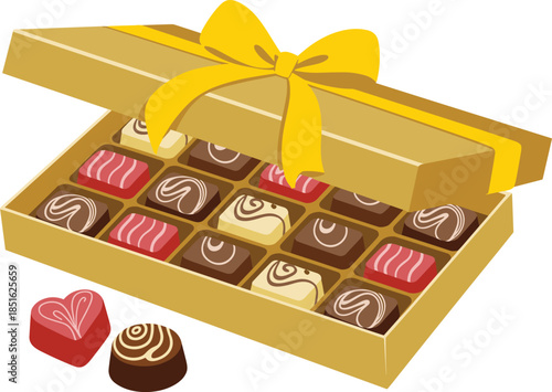 Assorted chocolates in a yellow box with a bow